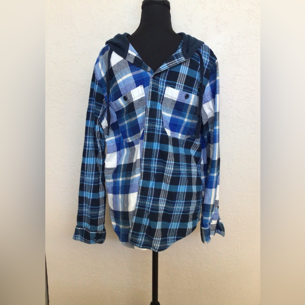 Original Use Navy and Cream Plaid Hooded Shirt